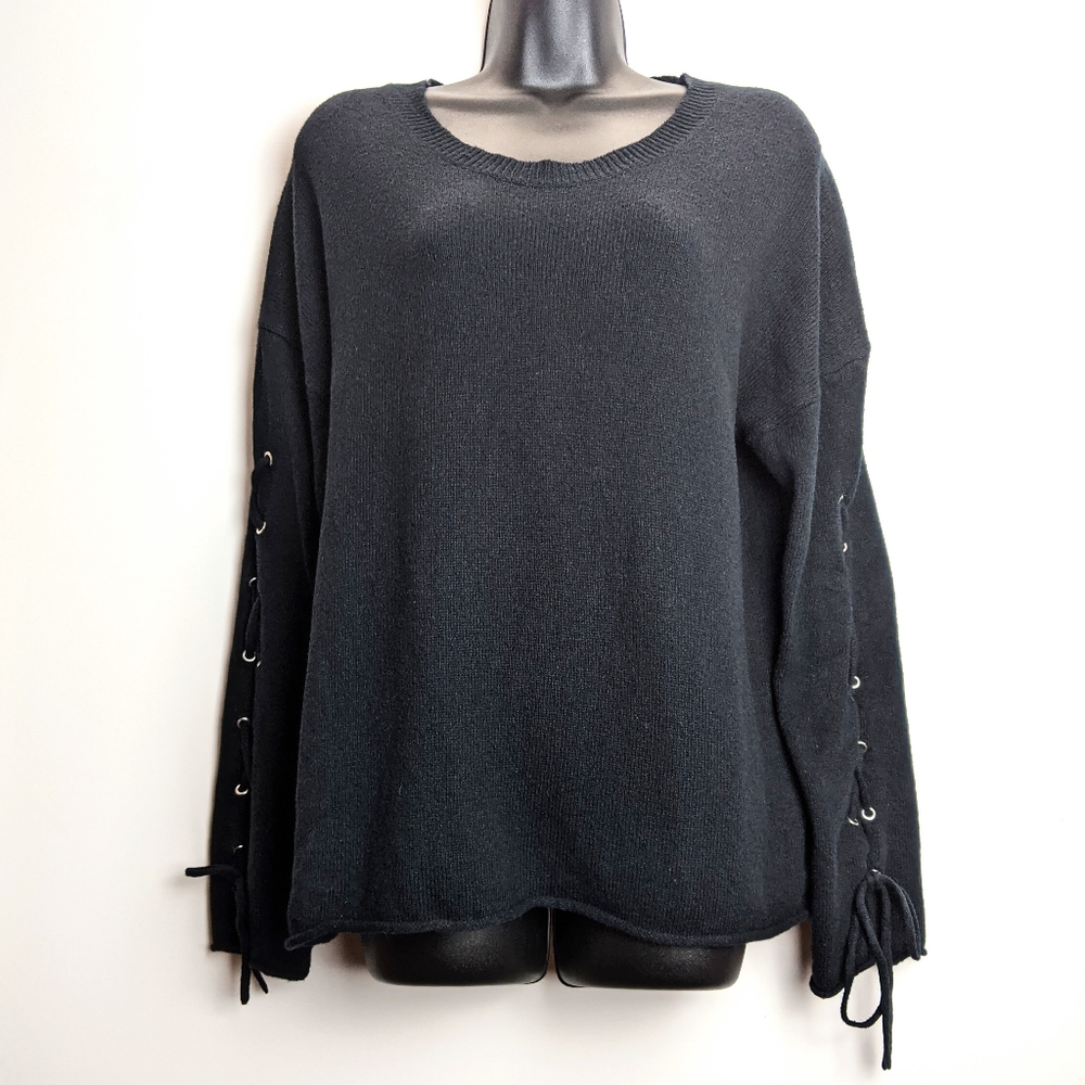 Black Knit Sweater with Lace Up Detail Sleeves